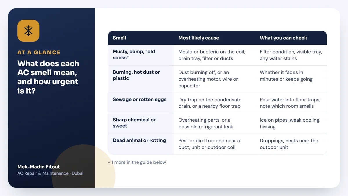 Table summary: What does each AC smell mean, and how urgent is it? Covers Musty, damp, "old socks"; Burning, hot dust or plastic; Sewage or rotten eggs.