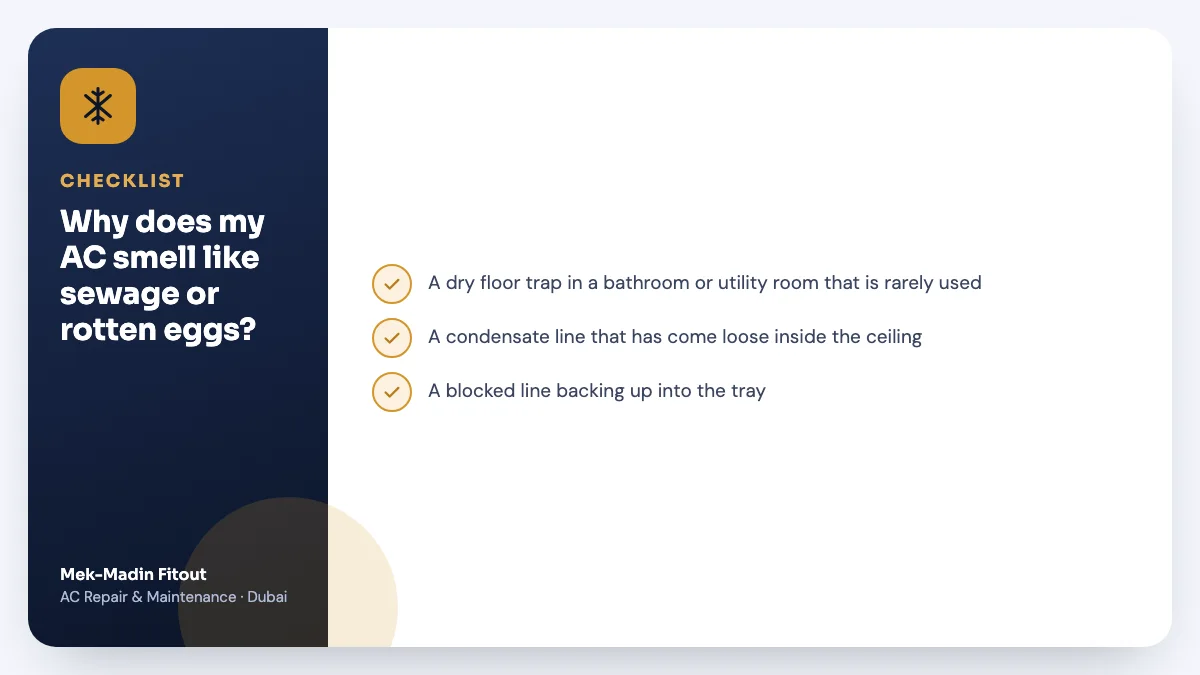 Checklist summary: Why does my AC smell like sewage or rotten eggs? Covers A dry floor trap in a bathroom or…; A condensate line that has come loose…; A blocked line backing up into the tray.