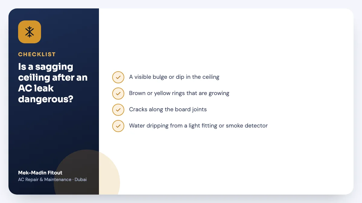 Checklist summary: Is a sagging ceiling after an AC leak dangerous? Covers A visible bulge or dip in the ceiling; Brown or yellow rings that are growing; Cracks along the board joints.