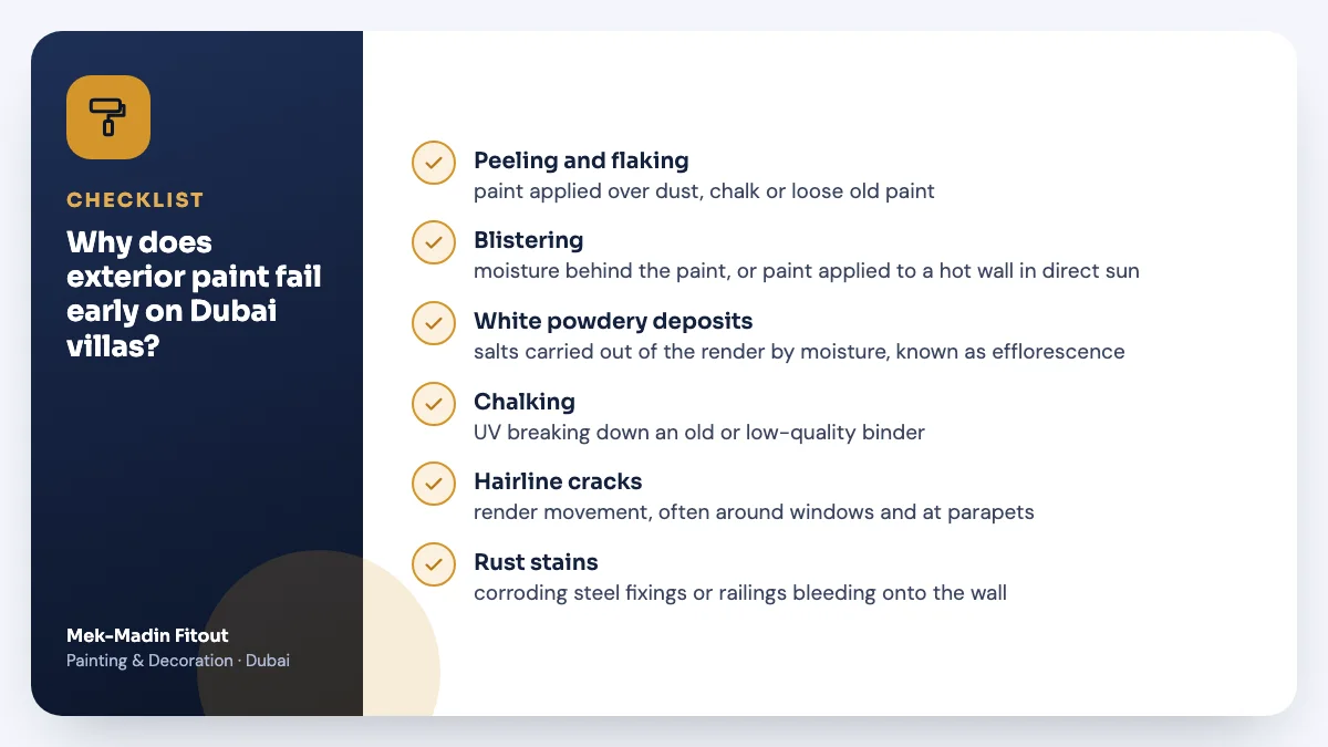 Checklist summary: Why does exterior paint fail early on Dubai villas? Covers Peeling and flaking; Blistering; White powdery deposits.