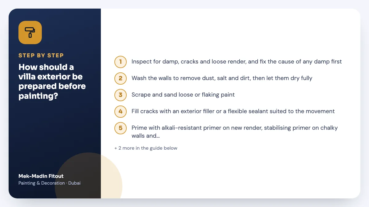 Step-by-step summary: How should a villa exterior be prepared before painting? Covers Inspect for damp, cracks and loose…; Wash the walls to remove dust, salt and…; Scrape and sand loose or flaking paint.