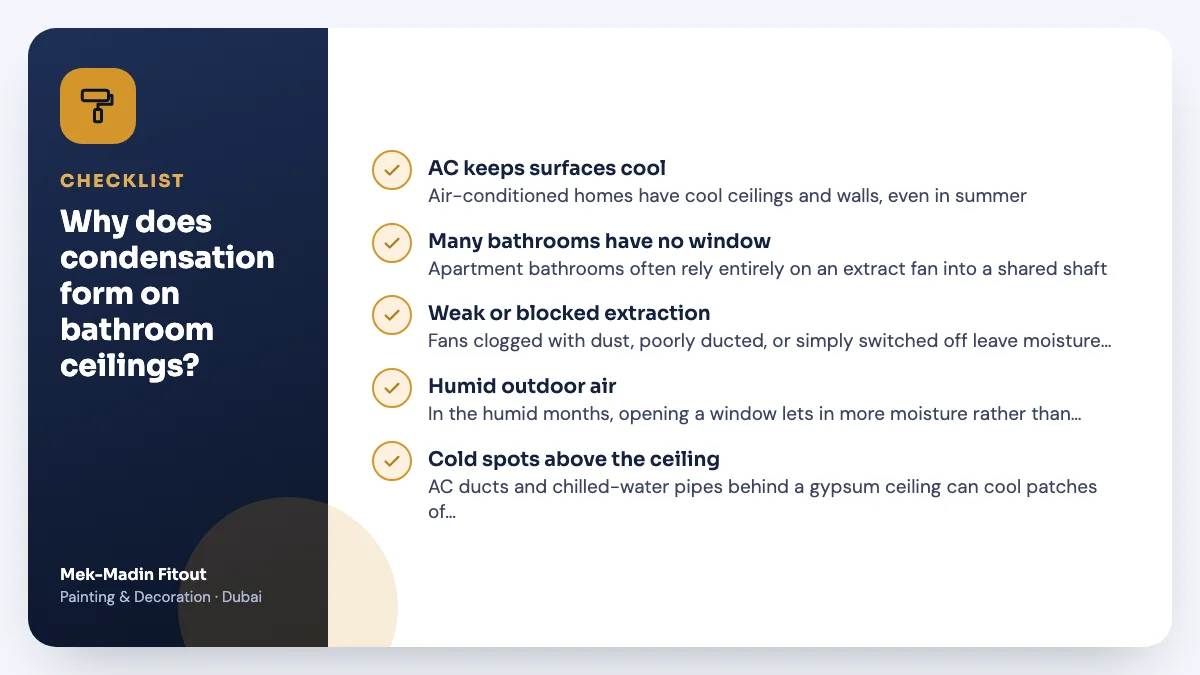 Checklist summary: Why does condensation form on bathroom ceilings? Covers AC keeps surfaces cool; Many bathrooms have no window; Weak or blocked extraction.