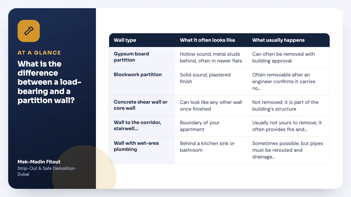 Table summary: What is the difference between a load-bearing and a partition wall? Covers Gypsum board partition; Blockwork partition; Concrete shear wall or core wall.