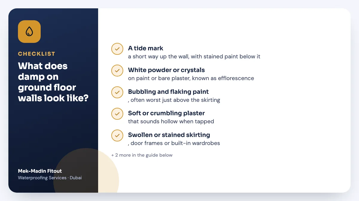 Checklist summary: What does damp on ground floor walls look like? Covers A tide mark; White powder or crystals; Bubbling and flaking paint.
