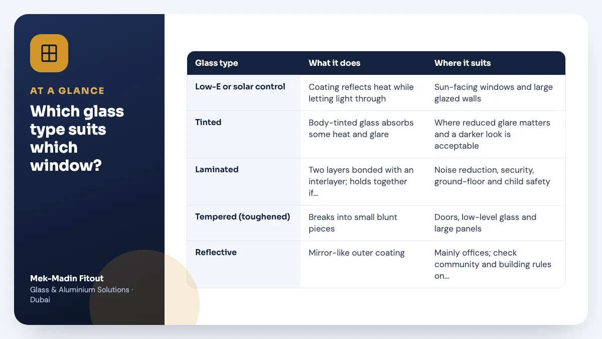 Table summary: Which glass type suits which window? Covers Low-E or solar control; Tinted; Laminated.