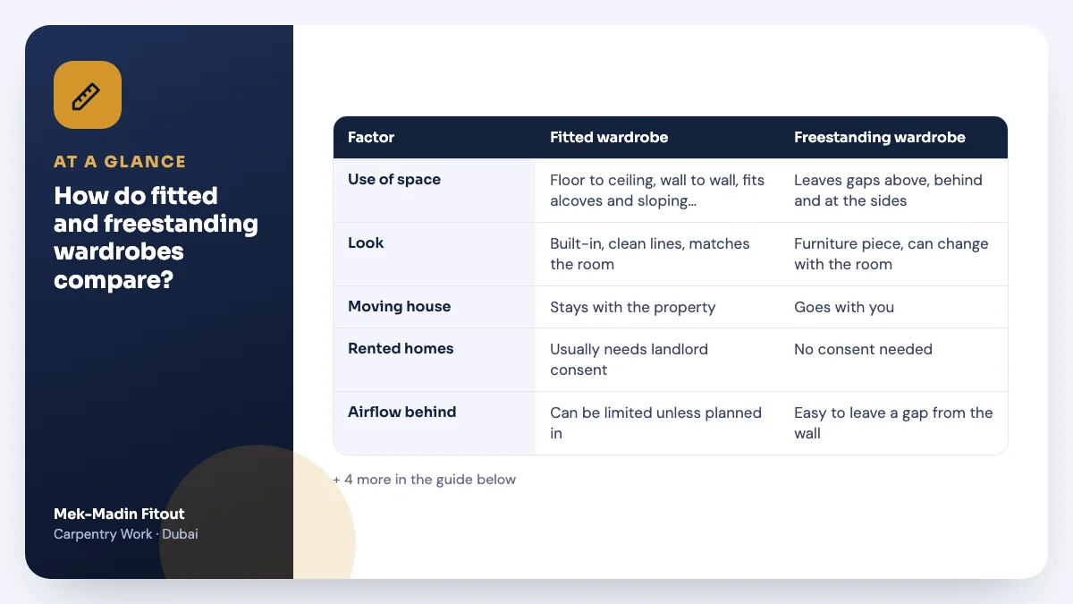 Table summary: How do fitted and freestanding wardrobes compare? Covers Use of space; Look; Moving house.