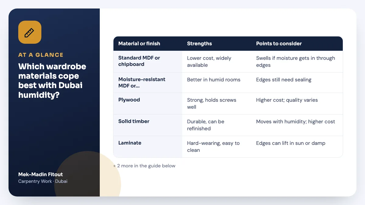 Table summary: Which wardrobe materials cope best with Dubai humidity? Covers Standard MDF or chipboard; Moisture-resistant MDF or chipboard; Plywood.