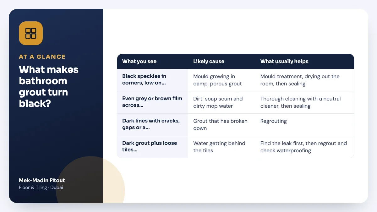 Table summary: What makes bathroom grout turn black? Covers Black speckles in corners, low on…; Even grey or brown film across floor…; Dark lines with cracks, gaps or a….