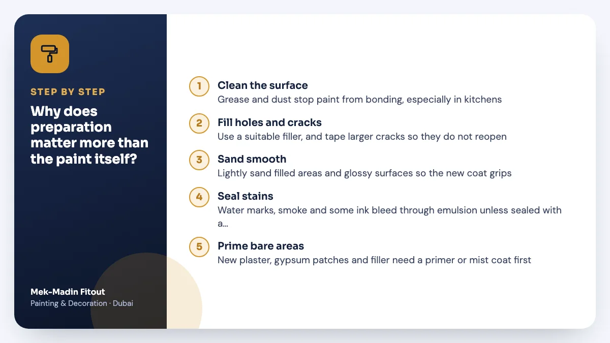 Step-by-step summary: Why does preparation matter more than the paint itself? Covers Clean the surface; Fill holes and cracks; Sand smooth.