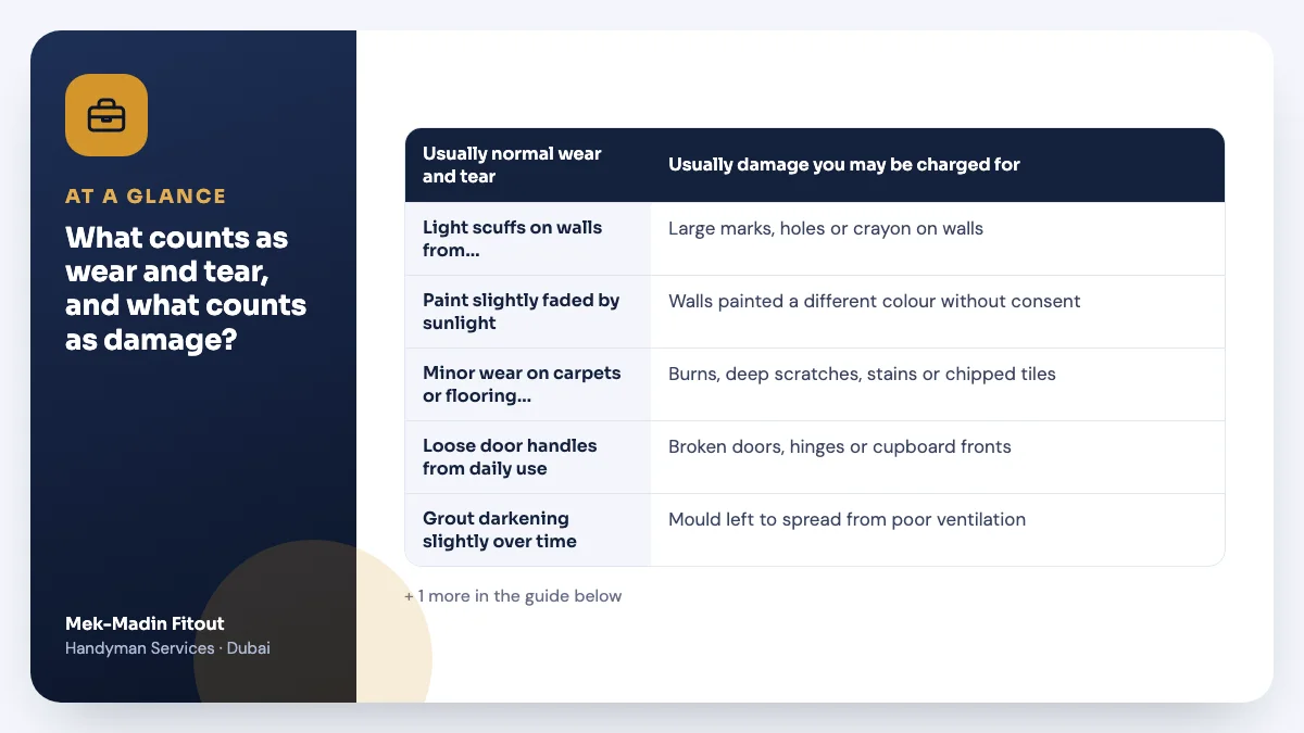 Table summary: What counts as wear and tear, and what counts as damage? Covers Light scuffs on walls from furniture; Paint slightly faded by sunlight; Minor wear on carpets or flooring in….