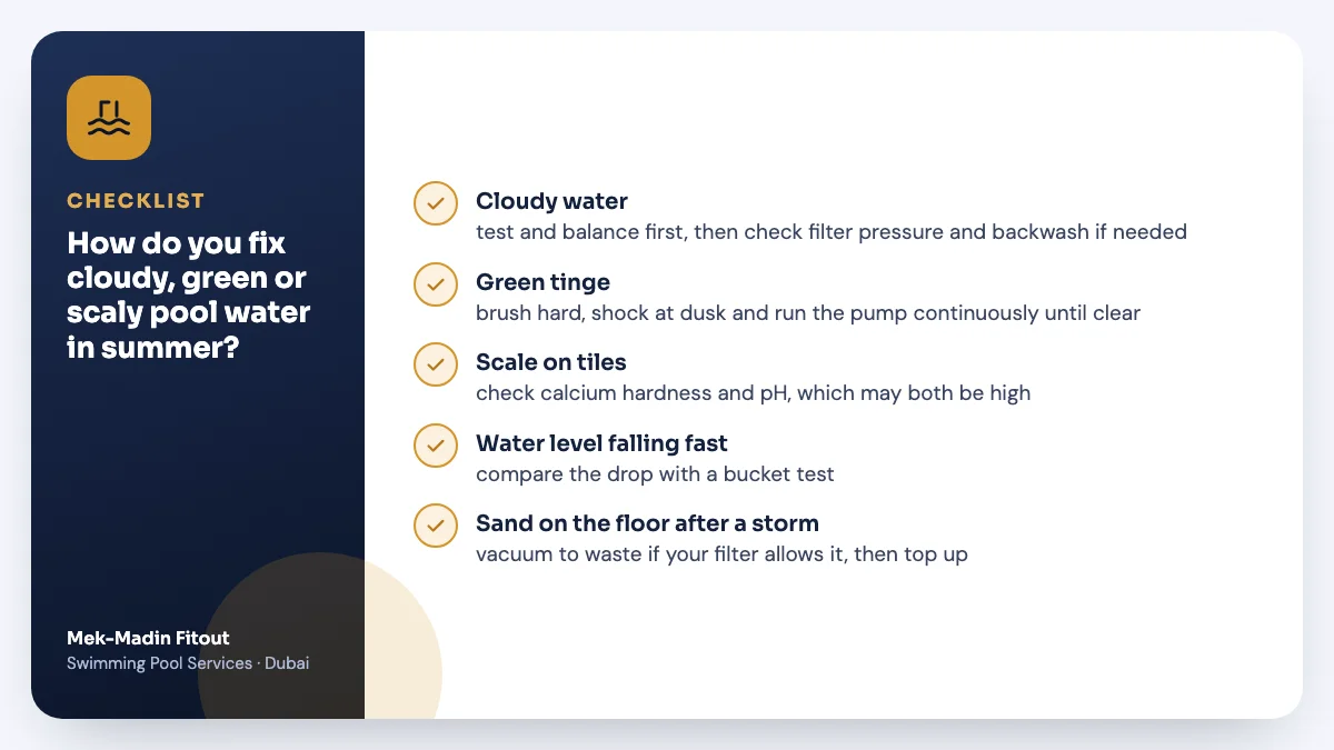 Checklist summary: How do you fix cloudy, green or scaly pool water in summer? Covers Cloudy water; Green tinge; Scale on tiles.