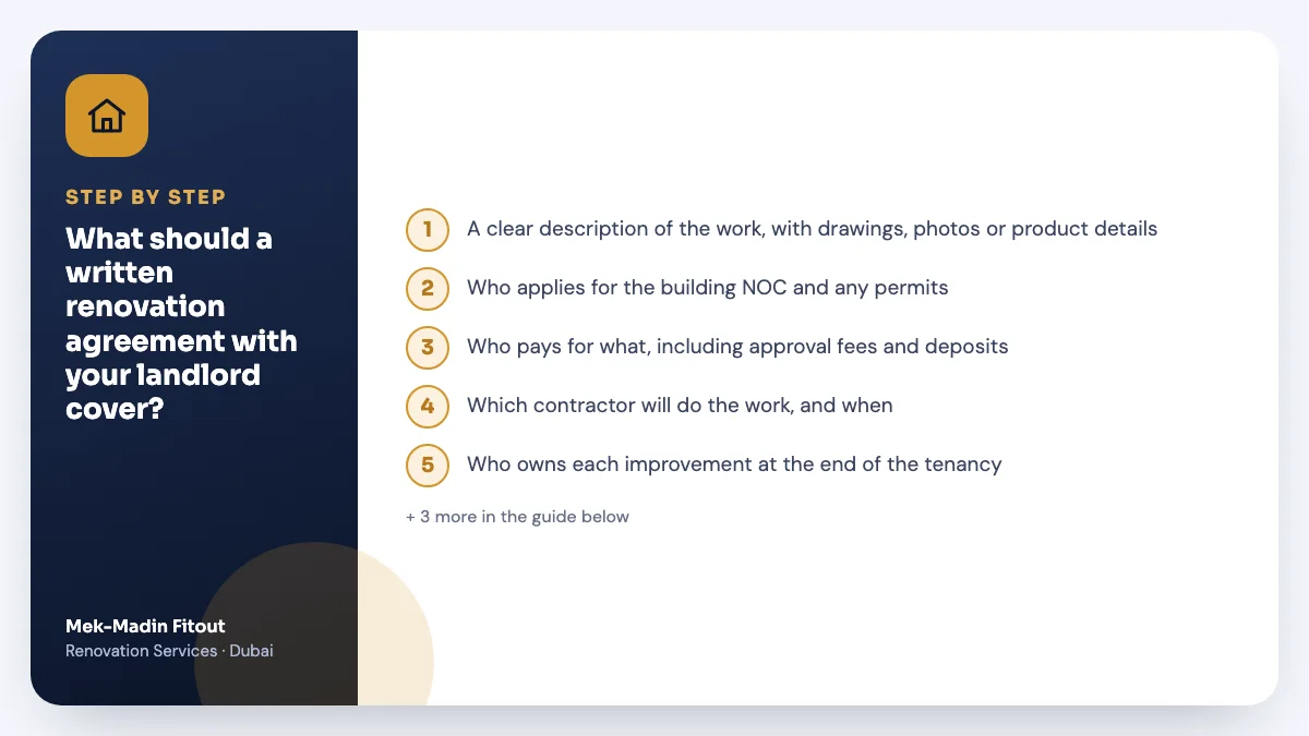 Step-by-step summary: What should a written renovation agreement with your landlord cover? Covers A clear description of the work, with…; Who applies for the building NOC and…; Who pays for what, including approval….