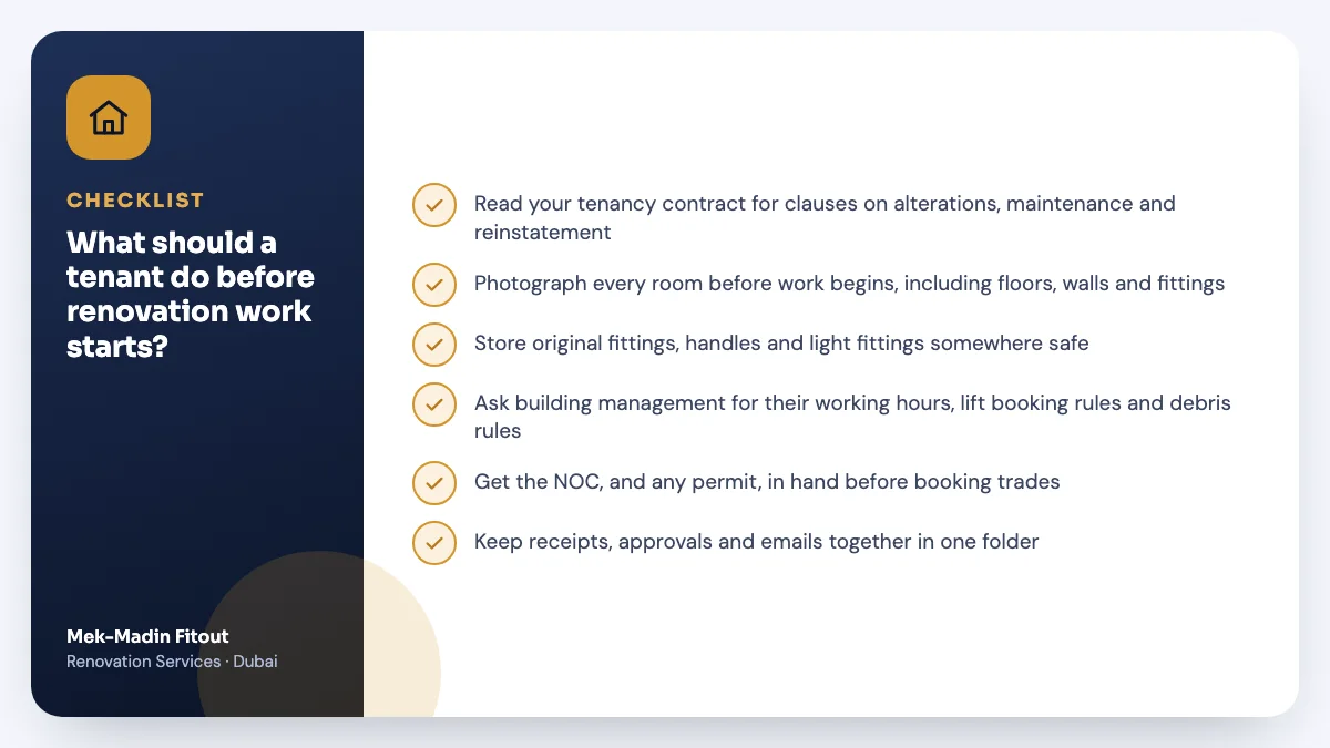 Checklist summary: What should a tenant do before renovation work starts? Covers Read your tenancy contract for clauses…; Photograph every room before work…; Store original fittings, handles and….