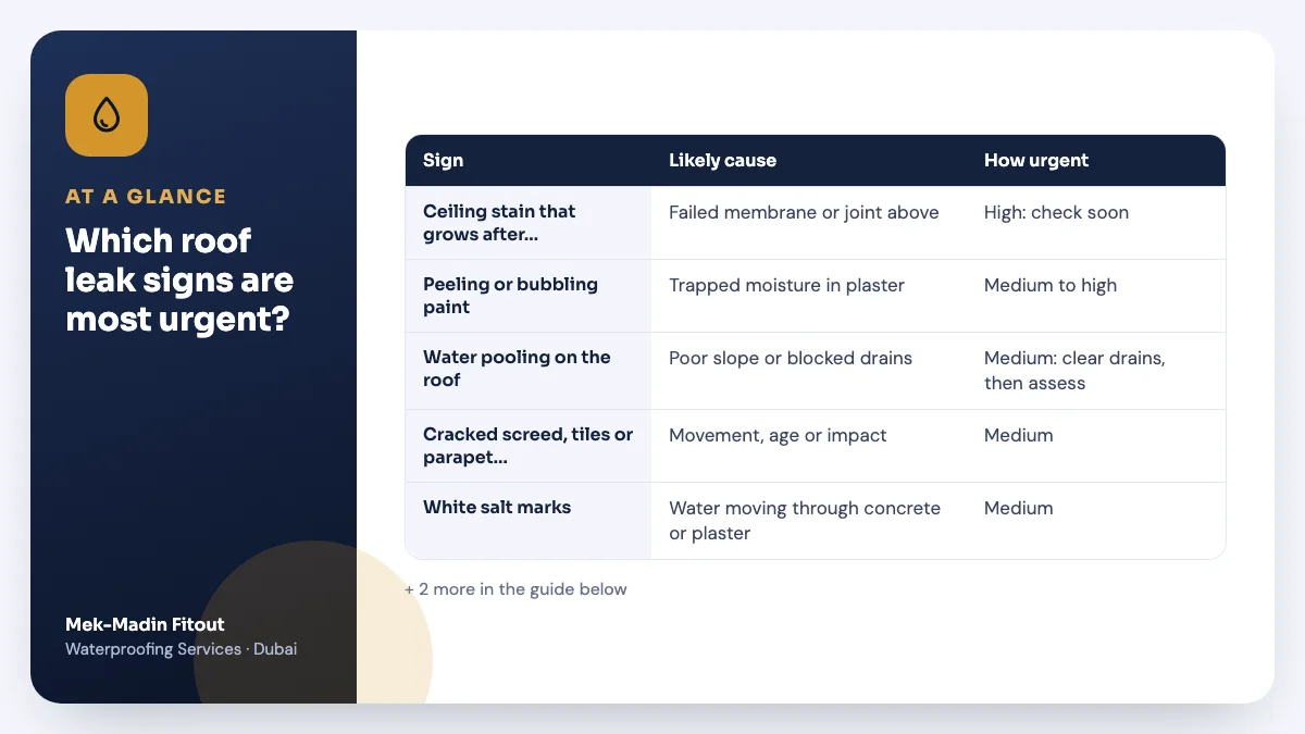 Table summary: Which roof leak signs are most urgent? Covers Ceiling stain that grows after rain; Peeling or bubbling paint; Water pooling on the roof.