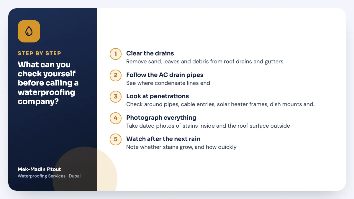 Step-by-step summary: What can you check yourself before calling a waterproofing company? Covers Clear the drains; Follow the AC drain pipes; Look at penetrations.