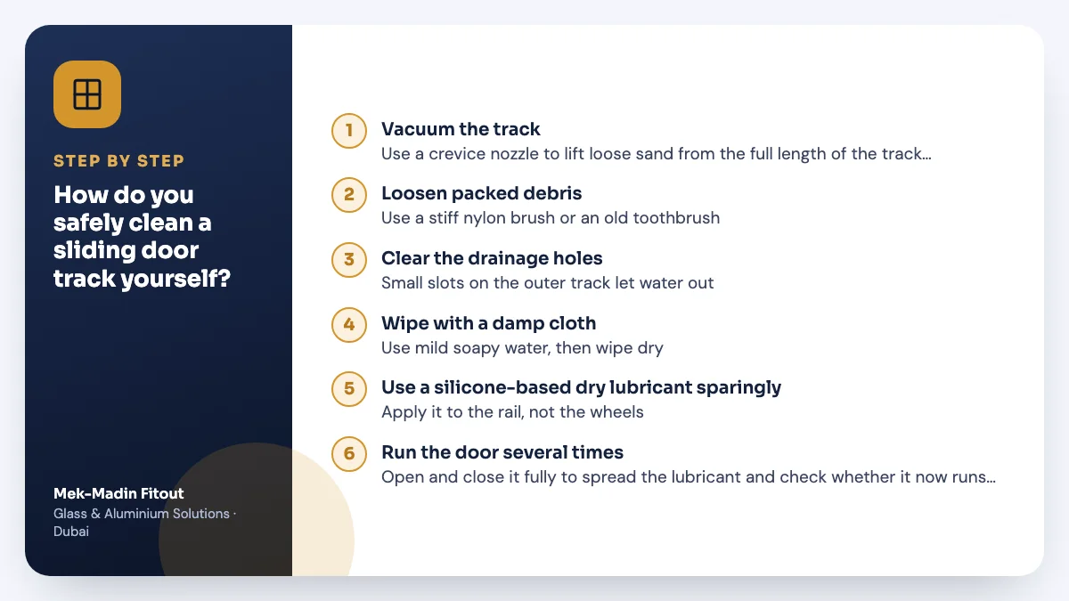 Step-by-step summary: How do you safely clean a sliding door track yourself? Covers Vacuum the track; Loosen packed debris; Clear the drainage holes.