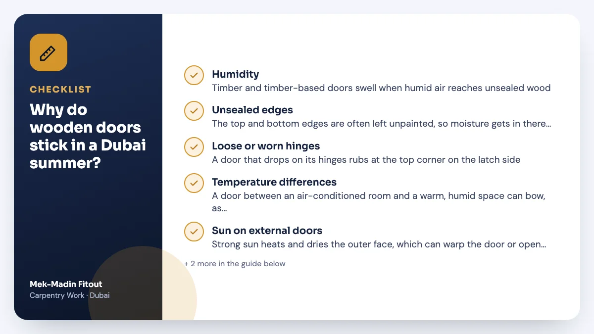 Checklist summary: Why do wooden doors stick in a Dubai summer? Covers Humidity; Unsealed edges; Loose or worn hinges.