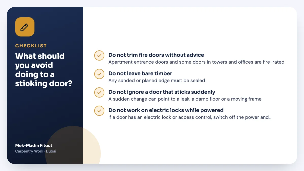 Checklist summary: What should you avoid doing to a sticking door? Covers Do not trim fire doors without advice; Do not leave bare timber; Do not ignore a door that sticks….