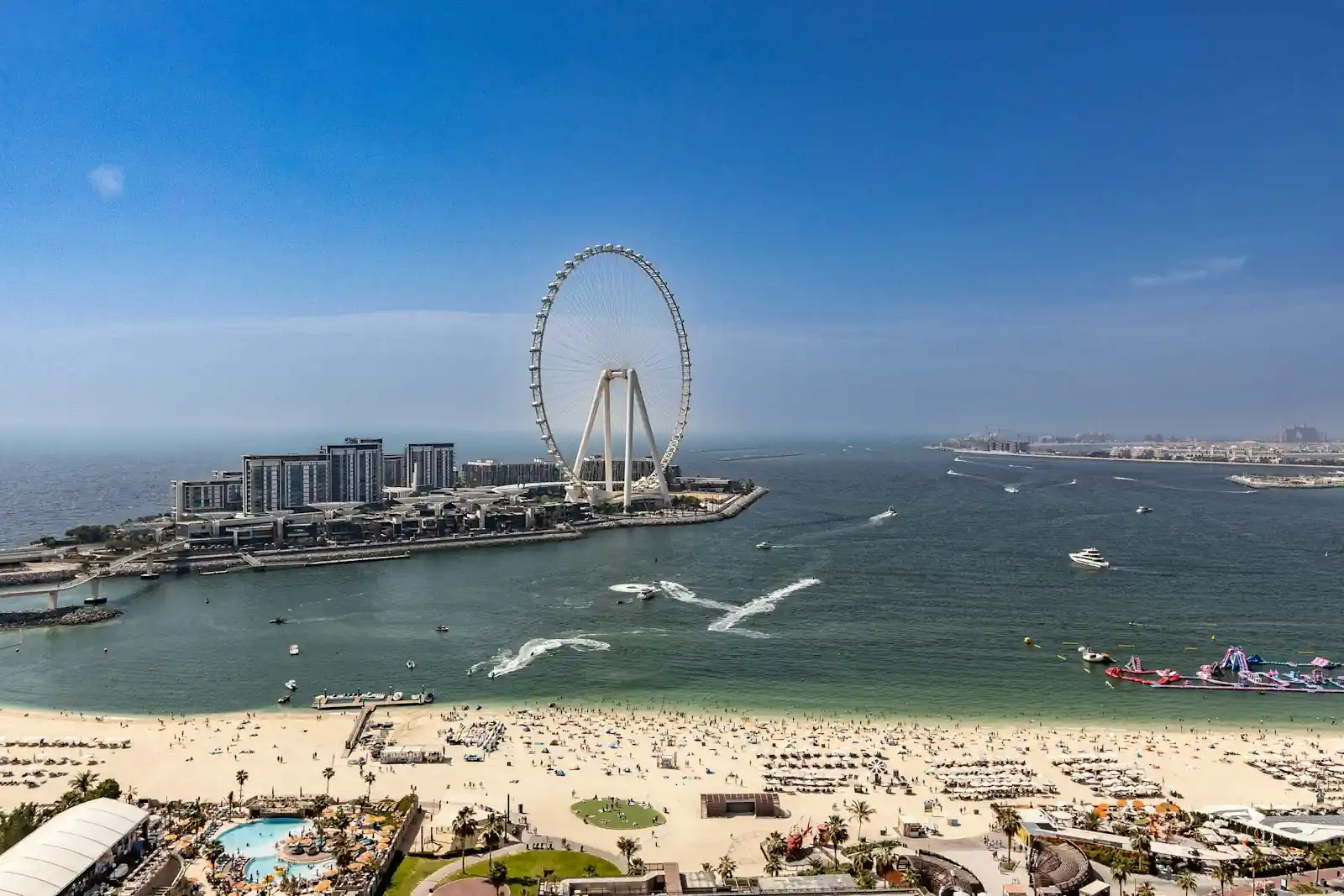 Aerial view of the beach by JBR with the Ain Dubai wheel