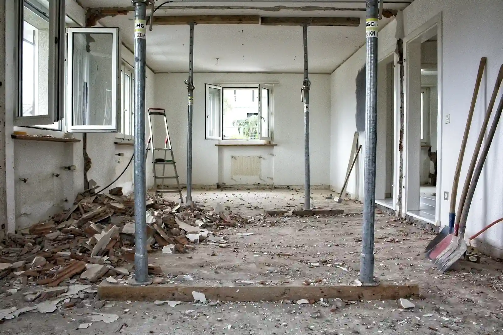 Room stripped back during renovation, with debris and support props