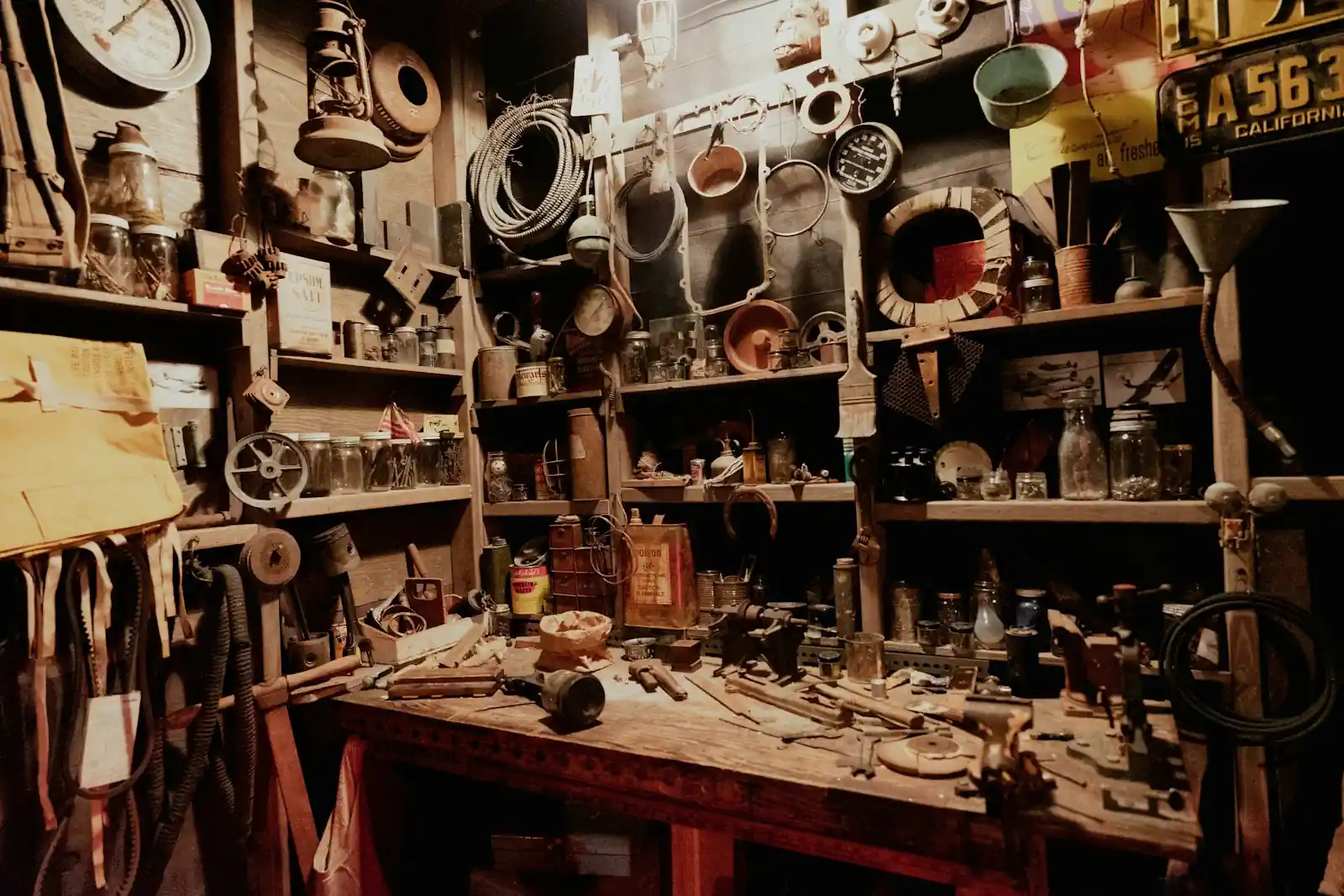 Workshop shelves filled with hand tools and equipment